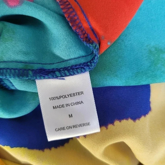 NY & Co Stunning Colorful Blouse Top Button Down Short Sleeve Medium M Bow Neck - Picture 10 of 10